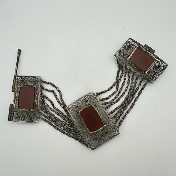 Antique Ottoman Turkish 800 silver handmade filigree carnelian glass bracelet - Picture 6 of 10